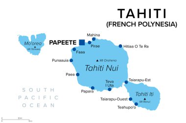 Tahiti, Fransız Polinezyası, politik harita. Toplum Adaları 'nın Windward grubunun başkenti Papeete ile birlikte en büyük adasıdır. Güney Pasifik Okyanusu 'nda bulunan Fransa' nın denizaşırı kolektifliği. Vektör