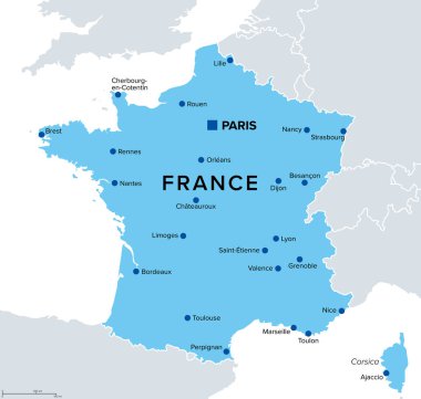 Başkent Fransa, Paris 'in politik haritası. Avrupa 'da coğrafi olarak Avrupa' da bulunan Avrupa Fransa bölgesi, anakarayı, Korsika 'yı ve Atlantik Okyanusu' nun yakınlarındaki Fransız adalarını tehlikeye atıyor..