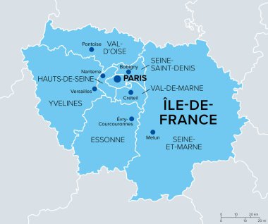 Ile-de-France, Paris Bölgesi departmanları ve illeri, politik harita. Fransa 'nın en kalabalık bölgeleri, ülkenin kuzey-orta kesiminde yer alan başkenti Paris merkezlidir..