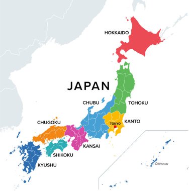 Japonya bölgeleri, çok renkli politik haritalar. İstatistiksel ve diğer amaçlar için kullanılan sekiz geleneksel birim. Hokkaido, Tohoku, Kanto, Chubu, Kansai, Chugoku, Shikoku ve Kyushu ile Okinawa.
