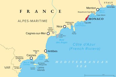 Monaco, Nice ve Cannes, politik harita. Fransa 'nın Fransız Riviera ve Akdeniz kıyısında yer alan Alpes-Maritimes kıyı şeridi. Monako 'nun mikro Prensliği ile.