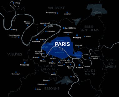 Paris, Fransa departmanı ve başkenti, karanlık politik harita. Ile-de-France 'ın bir parçası olan iç halka Petite Couronne, Paris' i çevreleyen üç departman tarafından kuruldu ve etrafında coğrafi bir taç oluşturdu..