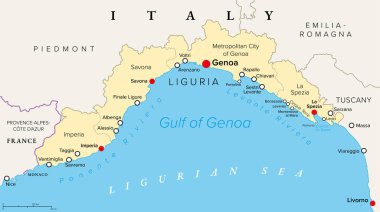 Liguria ve İtalyan Rivierası, Ligurian Rivierası, politik harita. İtalya 'nın kuzeybatısında, başkenti Ceneviz olan bir bölge. Ligurya Denizi 'ndeki Ventimiglia ve La Spezia arasında dar bir kıyı şeridi..