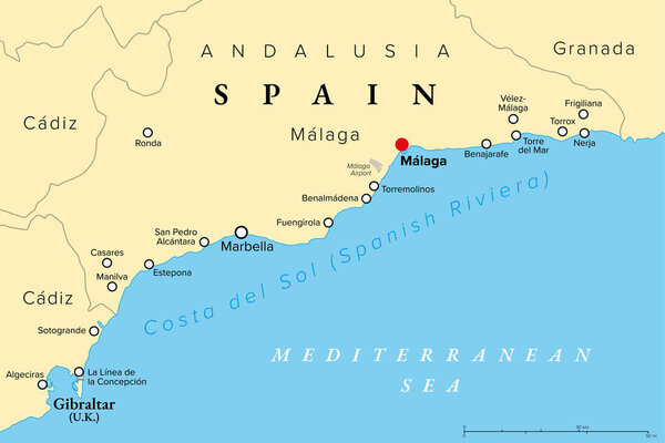 Коста-дель-Соль, испанская Рифака в Андалусии, политическая карта. Всемирно известный туристический центр и регион к югу от Испании, побережье от Гибралтара до Нерхи с крупнейшими городами Малага и Марбелья.