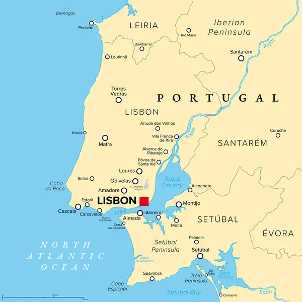 Lizbon Bölgesi, Avrupa 'nın İber Yarımadası' ndaki bir ülke olan Portekiz 'in şehir ve başkentinin siyasi haritası. Kuzey Atlantik Okyanusu ile çevrili, Tagus Nehri Estuary ile Lizbon bölgesi.