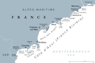 Monaco, Nice ve Cannes, gri politik harita. Fransa 'nın Fransız Riviera ve Akdeniz kıyısında yer alan Alpes-Maritimes kıyı şeridi. Monako 'nun mikro Prensliği ile.