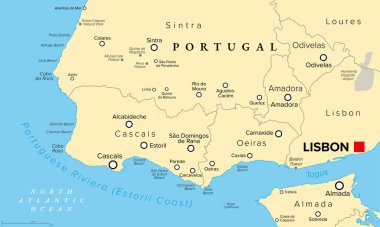 Portekiz Riviera 'sı ya da Estoril Sahili, politik harita. Lizbon, Portekiz 'in batısındaki varlıklı kıyı bölgesi, Estoril, Oeiras ve Sintra da dahil olmak üzere Cascais' in kıyı belediyeleri merkezlidir..