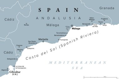 Costa del Sol, Endülüs 'teki İspanyol Rivierası, gri politik harita. Dünyaca ünlü turizm merkezi, İspanya 'nın güneyinde bir bölge, Cebelitarık' tan Nerja 'ya kadar en büyük şehirleri Malaga ve Marbella.