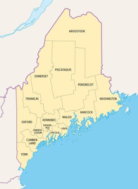 Maine counties, political map with borders and county names. State in the New England region of the United States, subdivided into 16 counties. Nicknamed The Pine Tree State, or also Vacationland. clipart