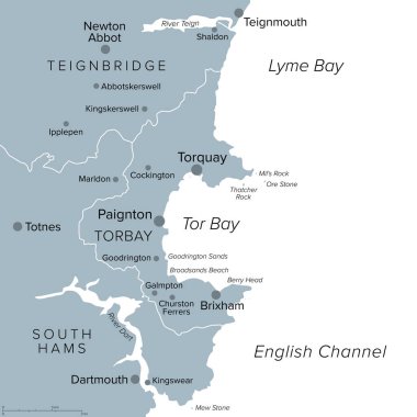 İngiltere, Torbay 'de İngiliz Rivierası, gri politik harita. Geopark ve İngiliz Kanalı üzerinde Tor Bay çevresinde popüler turizm merkezi, Torquay, Paignton ve Brixham kasabaları Devon ilçesinde.