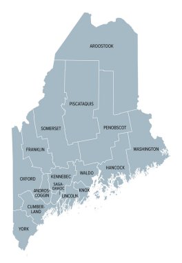 Maine ilçeleri, sınırları ve eyalet isimleri olan gri politik haritalar. Amerika Birleşik Devletleri 'nin New England bölgesinde 16 ilçeye bölünmüştür. Takma adı Çam Ağacı Eyaleti ya da Tatil Diyarı..