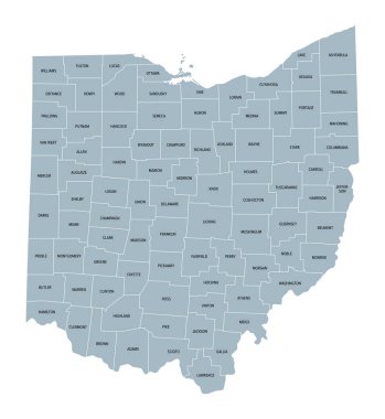 Ohio eyaletleri, sınırları ve eyalet isimleri olan gri politik haritalar. Birleşik Devletler 'in orta batı bölgesindeki eyalet 88 ilçeye bölünmüştür. Lakabı Buckeye State ve Heart of It All.