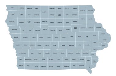 Iowa eyaletleri, sınırları ve eyalet isimleri olan gri politik haritalar. Birleşik Devletler 'in orta batı bölgesinde denize kıyısı olmayan eyalet, 99 ilçeye bölünmüştür. Lakabı Şahingöz Eyaleti. Görüntü