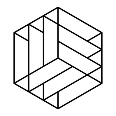 Altıgen ve optik bir küp yanılsaması. Bir altıgendeki geometrik şekiller bir küpün optik illüzyonuyla geometrik bir figür oluşturuyorlar. Bir mısır çemberi modelinden esinlenilmiş, 2024 'te Hampshire' da bulundu..