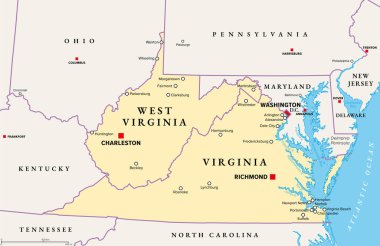 Virginia 'lar, politik harita. İki Virginia, Amerika Birleşik Devletleri 'nin Güneydoğu ve Orta Atlantik bölgelerinde iki eyalet. Başkent Richmond ile Virginia ve başkent Charleston ile Batı Virginia.