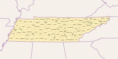 Tennessee, 95 ilçeye bölünmüş, sınırları ve ilçe isimleri olan politik haritalar. Birleşik Devletler 'in güneydoğu bölgesinde denize kıyısı olmayan eyalete Gönüllü Eyalet lakabı takıldı. Görüntü