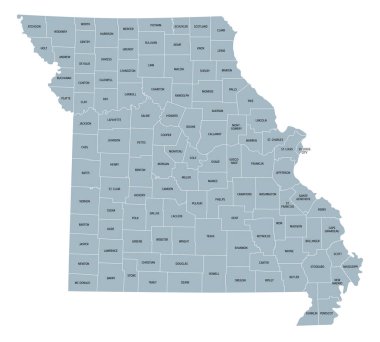 Missouri, 114 ilçeye ve bağımsız şehir St. Louis 'e bölünmüş, gri politik harita. Amerika Birleşik Devletleri 'nin orta batı bölgesinde, Bana Eyaleti, Mağara Eyaletini ve Batı' nın Annesi 'ni göster..