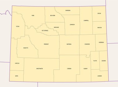 Wyoming, U.S. state, subdivided into 23 counties, political map with borders and county names. State in the Mountain West region of United States, nicknamed Equality and Cowboy State, and Big Wyoming. clipart