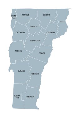 Vermont, U.S. state, subdivided into 14 counties, gray political map with borders and county names. State in the New England region of Northeastern United States, nicknamed The Green Mountain State. clipart