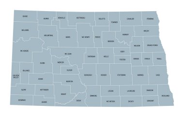 North Dakota, U.S. state subdivided into 53 counties, gray political map with borders and county names. State in the Upper Midwest region of United States, nicknamed Peace Garden and Roughrider State. clipart