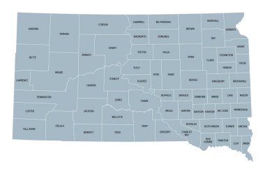 South Dakota, U.S. state, subdivided into 66 counties, gray political map with borders and county names. State in the North Central region of the United States, nicknamed The Mount Rushmore State. clipart