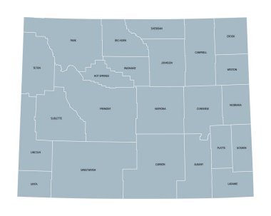 Wyoming, ABD eyaleti, 23 ilçeye bölünmüş, ilçenin isimleriyle gri politik harita. Amerika Birleşik Devletleri 'nin Batı Dağ Bölgesi' nde bulunan Eşitlik ve Kovboy Eyaleti ve Büyük Wyoming.