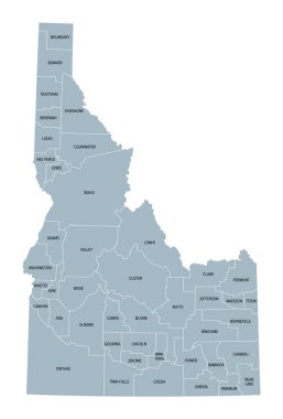 Idaho, ABD eyaleti, 44 ilçeye bölünmüş, gri politik haritada sınırlar ve ilçe isimleri var. Amerika Birleşik Devletleri 'nin Batı Dağ Bölgesi' nde bulunan Gem State ya da Patates Eyaleti lakaplı bir eyalet..