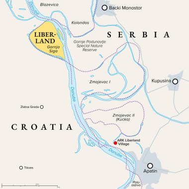 Özgürlük Cumhuriyeti, siyasi harita, Apatin yakınlarındaki ARK Liberland Köyü. Avrupa 'da, Gornja Siga' nın Tuna 'daki ıssız arazi parselini iddia eden mikronizasyon, Hırvatistan ile Sırbistan arasında anlaşmazlığa düştü.