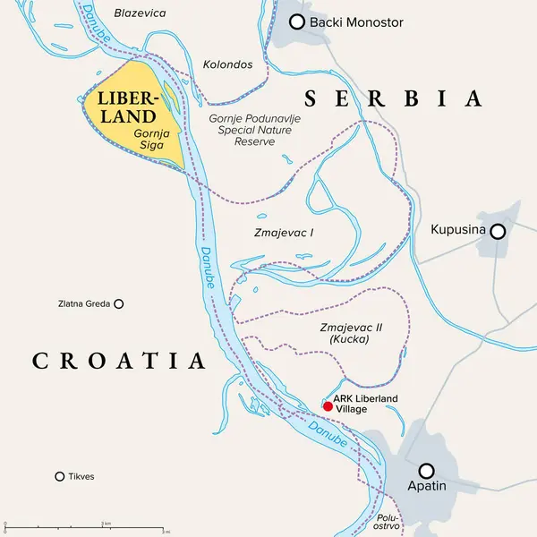 stock vector Free Republic of Liberland, political map, with ARK Liberland Village near Apatin. Micronation in Europe claiming uninhabited parcel of land Gornja Siga on Danube, disputed between Croatia and Serbia.