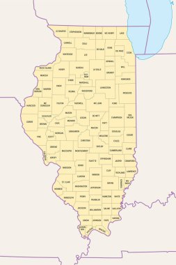 Illinois, Amerika Birleşik Devletleri 102 eyalete bölünmüş durumda. Sınırlı ve ilçe isimlerinin yazılı olduğu politik harita. ABD 'nin orta batı bölgesinde. Lincoln, Prairie State ve Inland Empire State.