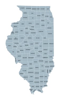 Illinois, Amerika Birleşik Devletleri 102 ilçeye bölünmüş durumda. Gri politik haritada sınırlar ve eyalet isimleri var. ABD 'nin orta batı bölgesinde. Lincoln, Prairie State ve Inland Empire State.
