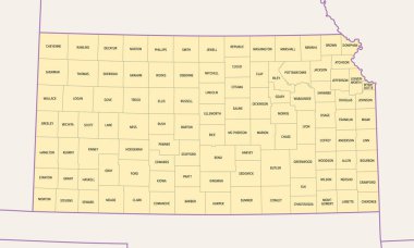 Kansas, Amerika Birleşik Devletleri 105 eyalete bölünmüş durumda. Sınırlı ve ilçe isimleriyle politik haritalar. Amerika Birleşik Devletleri 'nin Ortabatılı bölgesinde, takma adı Ayçiçeği Eyaleti ve Buğday Eyaleti' dir..