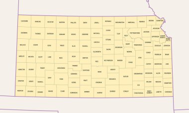 Kansas, U.S. state subdivided into 105 counties, political map with borders and county names. State in the Midwestern region of the United States, nicknamed The Sunflower State, and The Wheat State. clipart