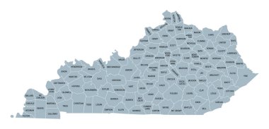 Kentucky, Amerika Birleşik Devletleri 120 ilçeye bölündü. Gri politik haritada sınırlar ve ilçe isimleri var. Kentucky Eyaleti, ABD 'nin Güneydoğu Bölgesi' nde bir eyalet, lakabı Bluegrass State.