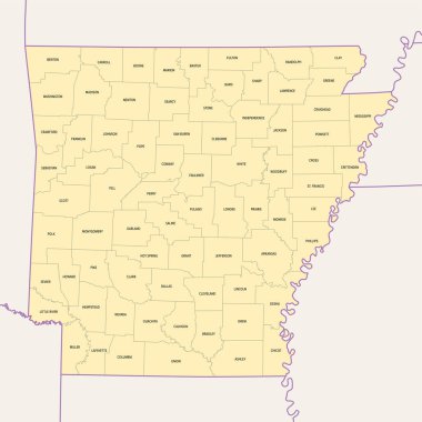 Arkansas, ABD, sınırlı ve ilçe isimli politik harita. Güney Amerika Birleşik Devletleri 'nin Batı Güney Orta Bölgesi' nde 75 ilçeye bölünmüş, takma adı Doğal Devlet..