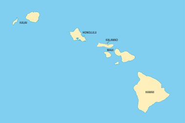 Hawaii, ABD eyaleti, politik harita ilçe isimleri. Pasifik Okyanusu 'ndaki ada eyaleti Hawaii, Honolulu, Kalawao, Kauai ve Maui' ye bölünmüştür. Takma adı Aloha Eyaleti.