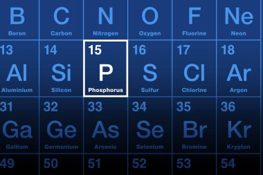 Periyodik tabloda fosfor elementi var. Sembol P ve atom numarası 15 olan kimyasal element. Yunan mitolojisinde bu isim, Lucifer, Sabah Yıldızı ve Venüs gezegenine atıfta bulunarak ışık taşıyan anlamına gelir..