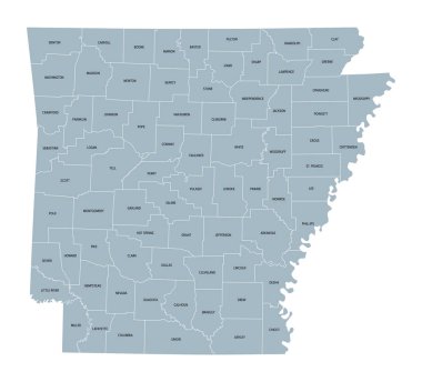 Arkansas, Amerika Birleşik Devletleri sınırları ve eyalet isimleri olan gri politik harita. Güney Amerika Birleşik Devletleri 'nin Batı Güney Orta Bölgesi' nde eyalet 75 ilçeye bölünmüştür. Takma adı Doğal Durum.