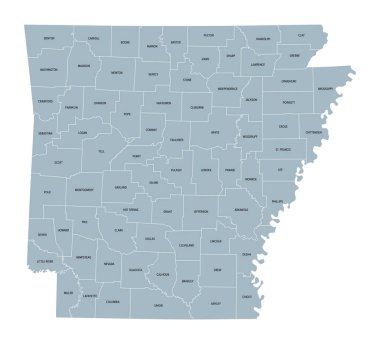 Arkansas, U.S. state, gray political map with borders and county names. State in the West South Central region of the Southern United States, subdivided into 75 counties. Nicknamed The Natural State. clipart