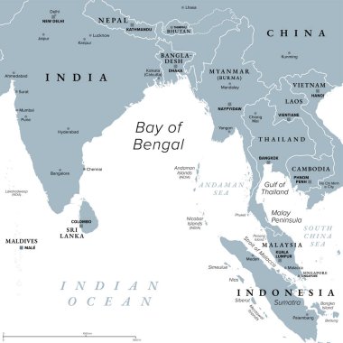 Bengal Körfezi, gri politik harita. Hint Okyanusu 'nun kuzeydoğu kısmı ve dünyanın en büyük körfezi, Bengal bölgesinin altında yer alan Hint Yarımadası ile Hindiçin Yarımadası arasında yer almaktadır..