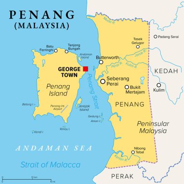 Penang, Güneydoğu Asya 'da Malezya eyaleti, politik harita. Malezya Yarımadası kıyısında Andaman Denizi 'ndeki Malacca Boğazı boyunca yer alan, Penang Adası' ndaki başkenti George Town ile.