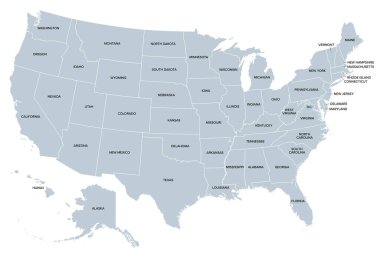 United States of America, silhouettes of states, gray political map. Fifty geographical areas and borders, united by a union and federal government with the capital city of the District of Columbia. clipart