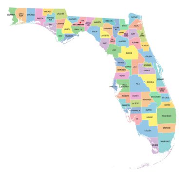 Florida, U.S. state, multi colored political map with borders, county names and its capital Tallahassee. Florida, a state in the Southeastern region of the United States, subdivided into 67 counties. clipart