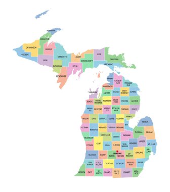 Michigan, ABD eyaleti, sınırları, ilçe isimleri ve başkenti Lansing olan çok renkli siyasi harita. Amerika Birleşik Devletleri 'nin orta batısındaki Büyük Göller Bölgesi' nde eyalet 83 ilçeye bölünmüştür..