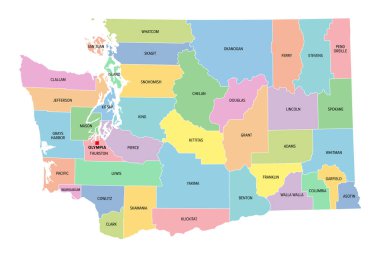 Washington, ABD eyaleti, sınırları, ilçe isimleri ve başkenti Olympia olan çok renkli siyasi harita. Amerika Birleşik Devletleri 'nin Pasifik Kuzeybatı bölgesindeki en batı eyaleti 39 ilçeye bölünmüştür..