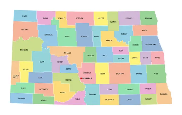 stock vector North Dakota, U.S. state subdivided into 53 counties, multi colored political map with its capital Bismarck, with borders and county names. State in the Upper Midwest region of the United States.