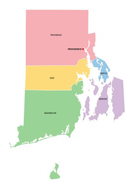 Rhode Island, ABD eyaleti, 5 eyalete bölünmüş durumda, başkenti Providence ve sınırları olan çok renkli politik haritalar. ABD 'nin New England bölgesinde, lakabı Ocean State ve Little Rhody..