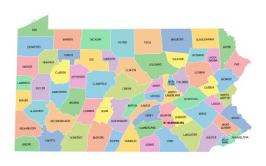 Pennsylvania, ABD eyaleti, 67 ilçeye bölünmüş, Harrisburg 'un başkenti ve sınırları olan çok renkli siyasi harita. Keystone State takma adıyla Orta Atlantik ve Kuzeydoğu Amerika Eyaleti..