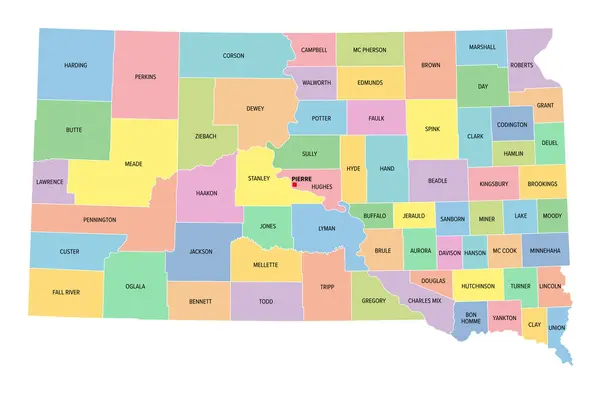 stock vector South Dakota, U.S. state, subdivided into 66 counties, multi colored political map with capital Pierre, borders and county names. North Central region of United States, nicknamed Mount Rushmore State.