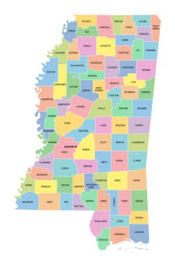 Mississippi, ABD eyaleti, 82 eyalete bölünmüş, başkenti Jackson, sınırları ve eyalet isimleriyle çok renkli siyasi harita. ABD 'nin güneydoğu bölgesinde, lakabı Manolya Eyaleti..